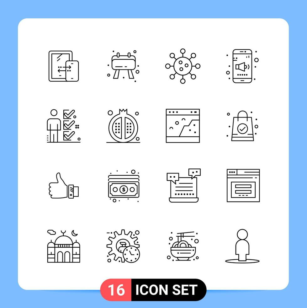 16 linje svart ikon packa översikt symboler för mobil appar isolerat på vit bakgrund 16 ikoner uppsättning kreativ svart ikon vektor bakgrund