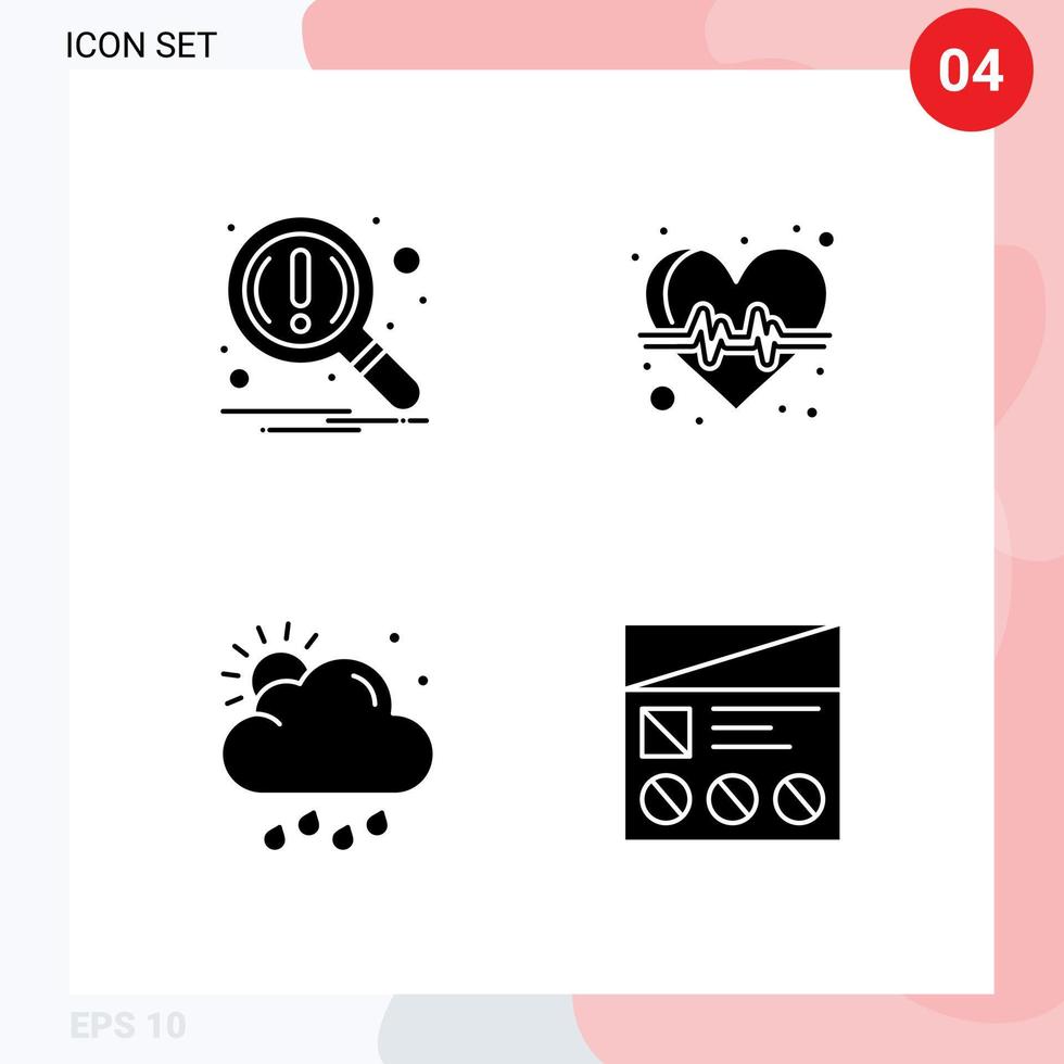 4 thematische Vektor-Solid-Glyphen und bearbeitbare Symbole zum Finden von bearbeitbaren Vektordesign-Elementen für die Regensuche, Pulssonne vektor