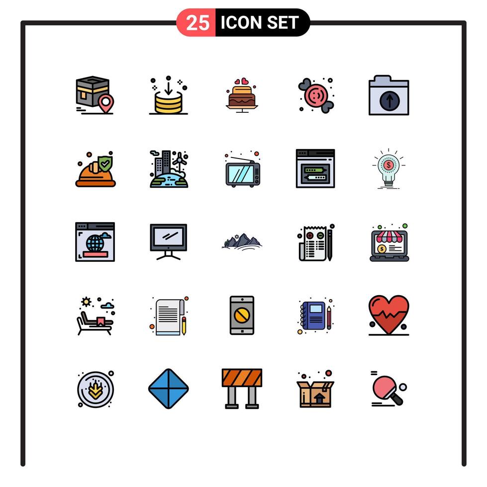 mobil gränssnitt fylld linje platt Färg uppsättning av 25 piktogram av sötsaker efterrätt importera godis hjärta redigerbar vektor design element
