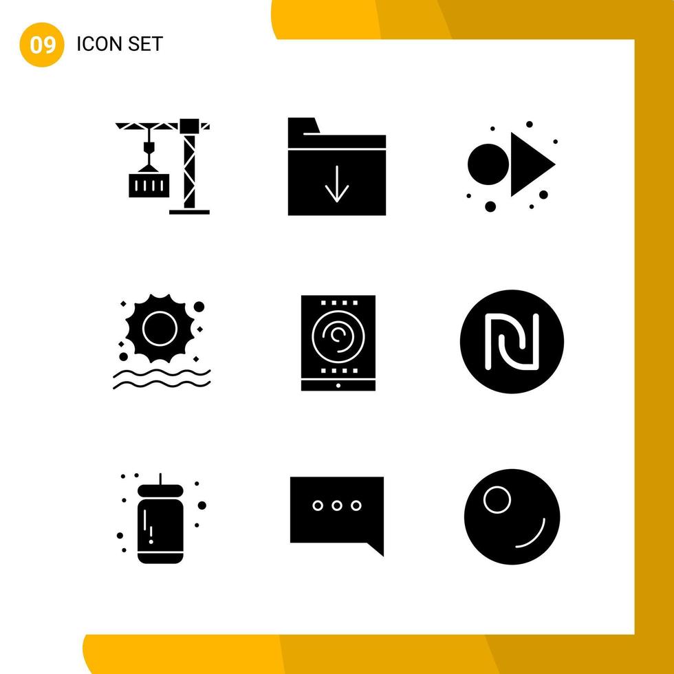 9 Icon Set Solid Style Icon Pack Glyphensymbole isoliert auf weißem Hintergrund für reaktionsschnelle Website, die kreativen schwarzen Icon-Vektorhintergrund entwirft vektor