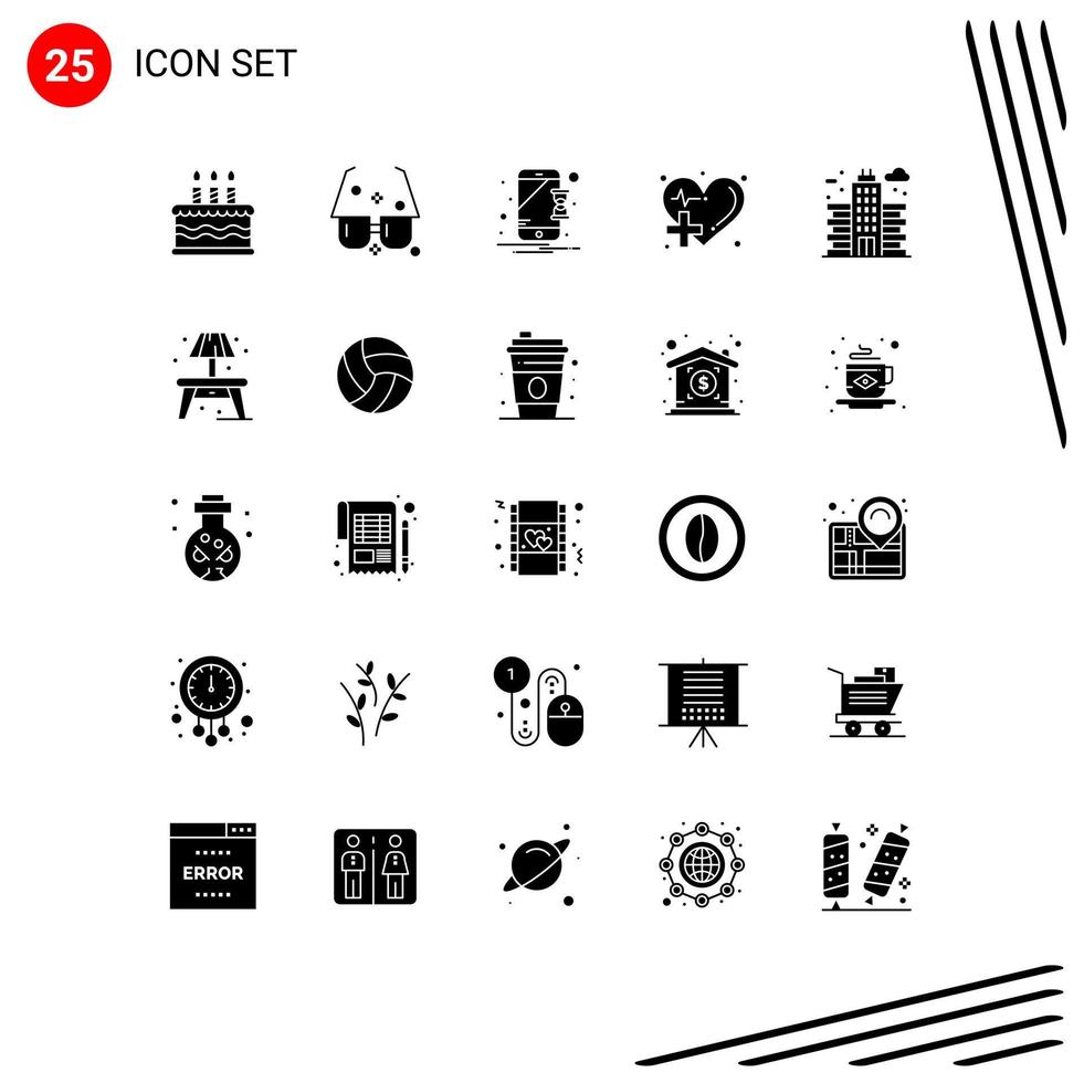 Gruppe von 25 soliden Glyphen Zeichen und Symbolen für editierbare Vektordesign-Elemente für medizinische Geräte in der Stadt vektor