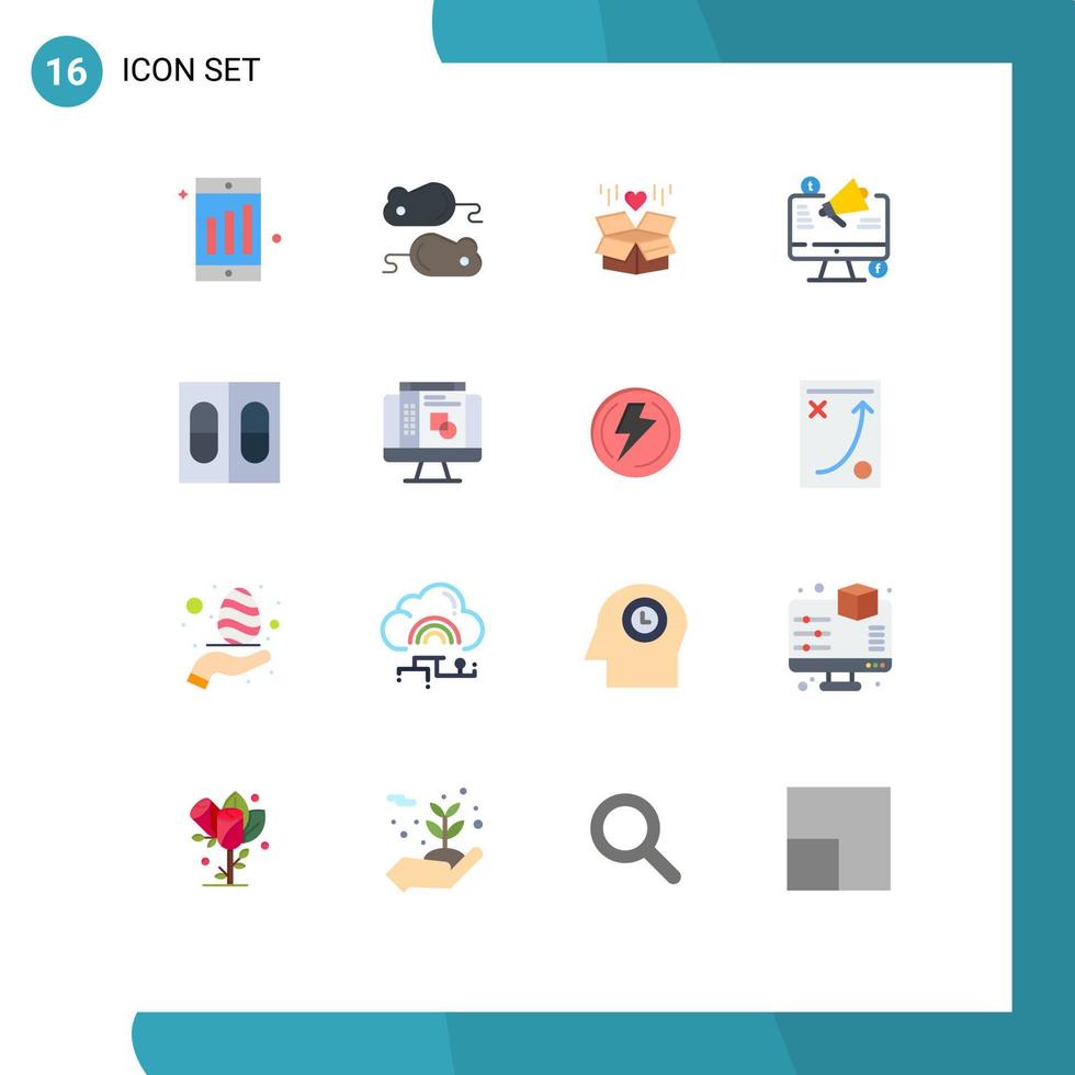 16 flaches Farbkonzept für Websites, Handys und Apps, Pillen, Werbebox, Megaphon, Social Media, editierbares Paket kreativer Vektordesign-Elemente vektor