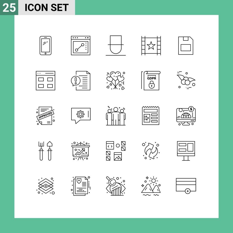 Mobile Interface Line Set aus 25 Piktogrammen von Speicherkarten Star Gentleman Stream Multimedia editierbare Vektordesign-Elemente vektor