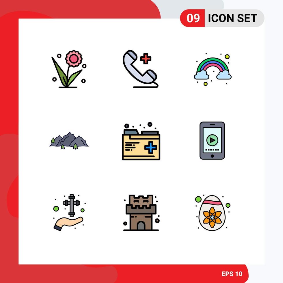 uppsättning av 9 modern ui ikoner symboler tecken för vård natur sjukhus kulle berg redigerbar vektor design element