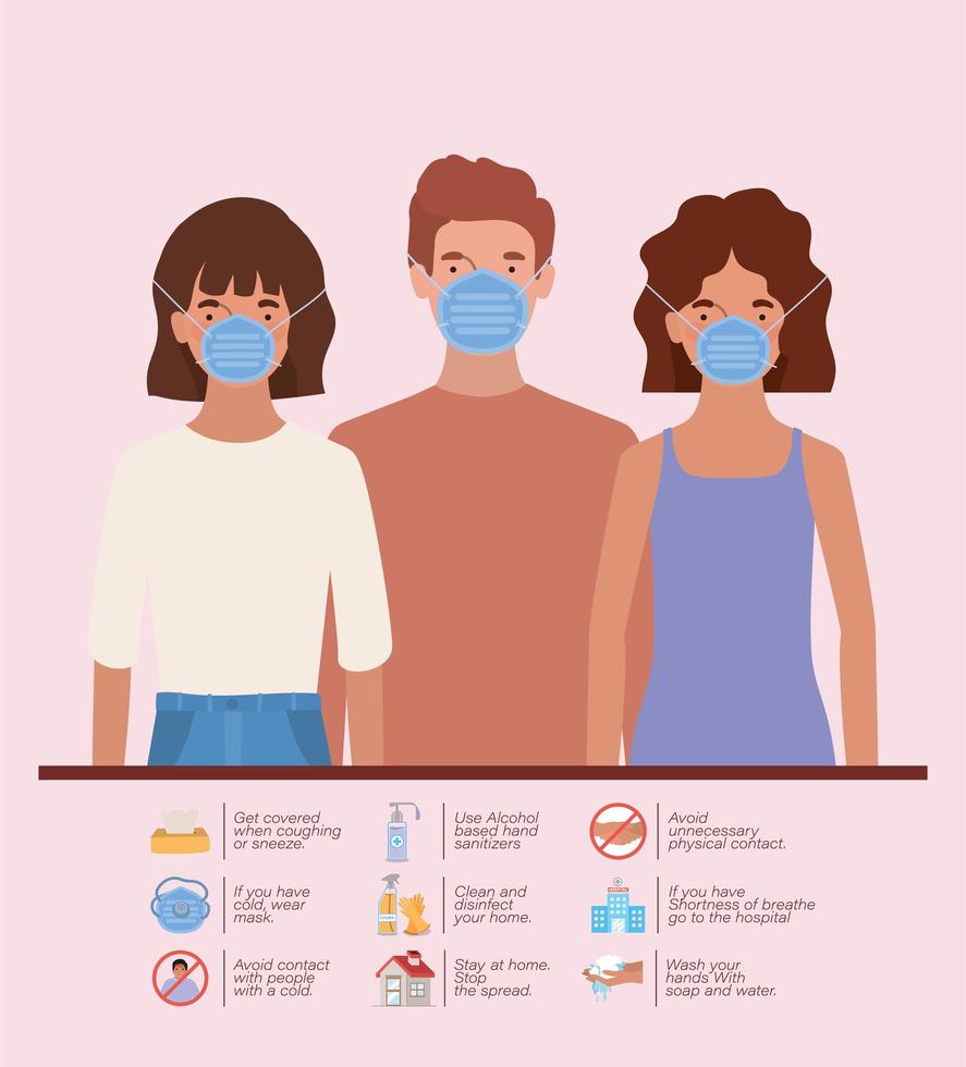 kvinnor och man med masker av ncov-viruset 2019 vektor