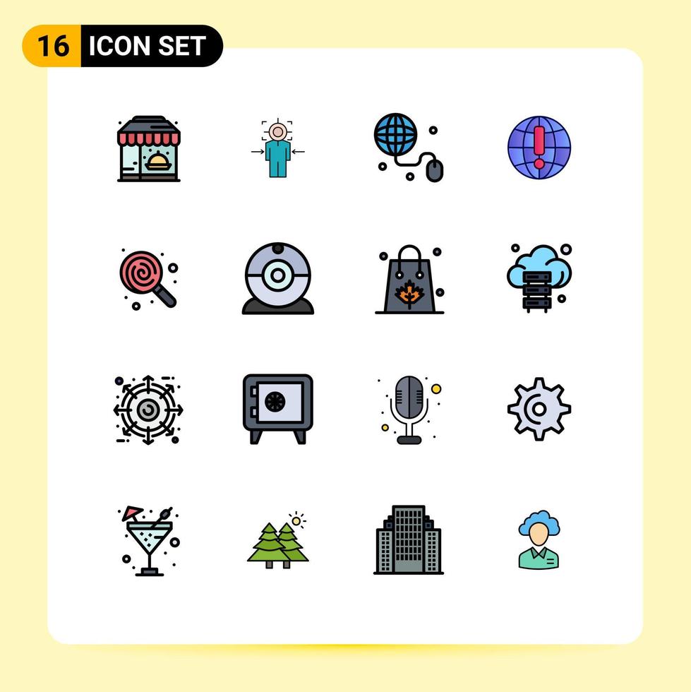 Flache, farbgefüllte Linienpackung mit 16 universellen Symbolen für Nahrungsmittelweltziel-Browser-Globus editierbare kreative Vektordesign-Elemente vektor