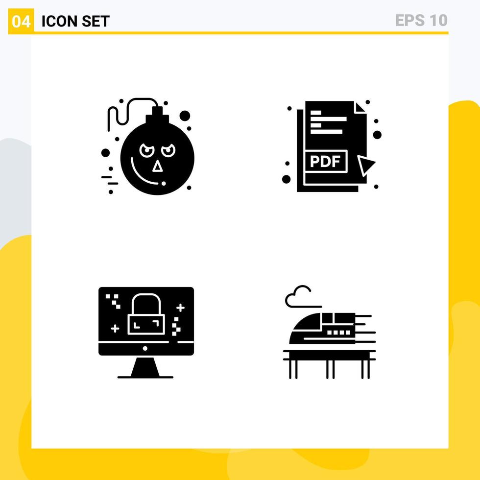 4 fast glyf begrepp för webbplatser mobil och appar bomba skärm skrämmande pdf fil tåg redigerbar vektor design element