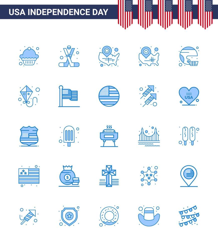 Satz von 25 modernen Blues-Packs auf US-Unabhängigkeitstag-Staatshelmkarte Fußball-Standort-Pin editierbare US-Tag-Vektordesign-Elemente vektor