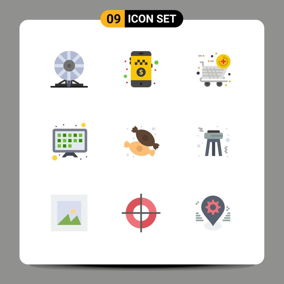 modern uppsättning av 9 platt färger pictograph av mat godis rida TV skärm internet redigerbar vektor design element