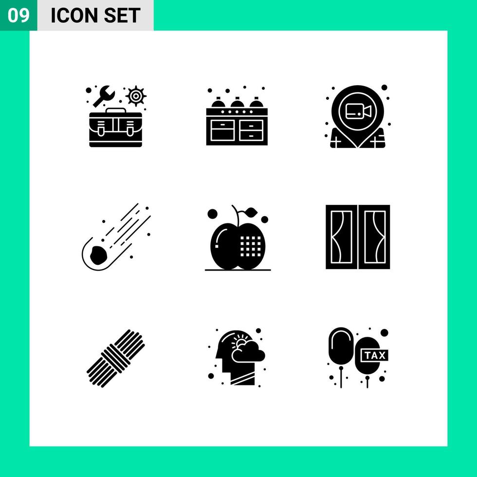 grupp av 9 fast glyfer tecken och symboler för komet meteor filma astronomi kartnål redigerbar vektor design element