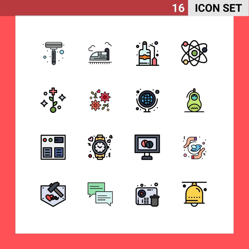 universelle Symbolsymbole Gruppe von 16 modernen, flachen, farbgefüllten Linien von Baum medizinischem Alkohol Atomlabor editierbare kreative Vektordesign-Elemente vektor