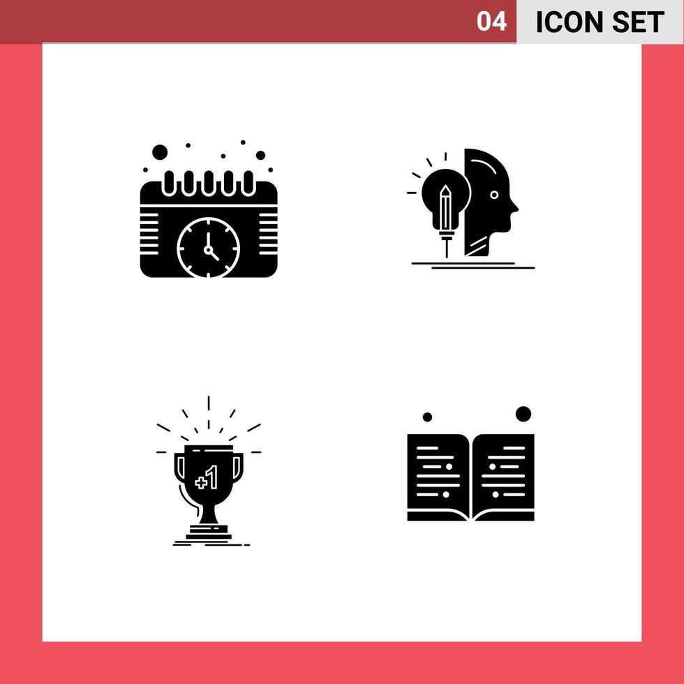 solides Glyphenpaket mit 4 universellen Symbolen der Kalendertrophäenuhr, die preisbearbeitbare Vektordesignelemente machen vektor