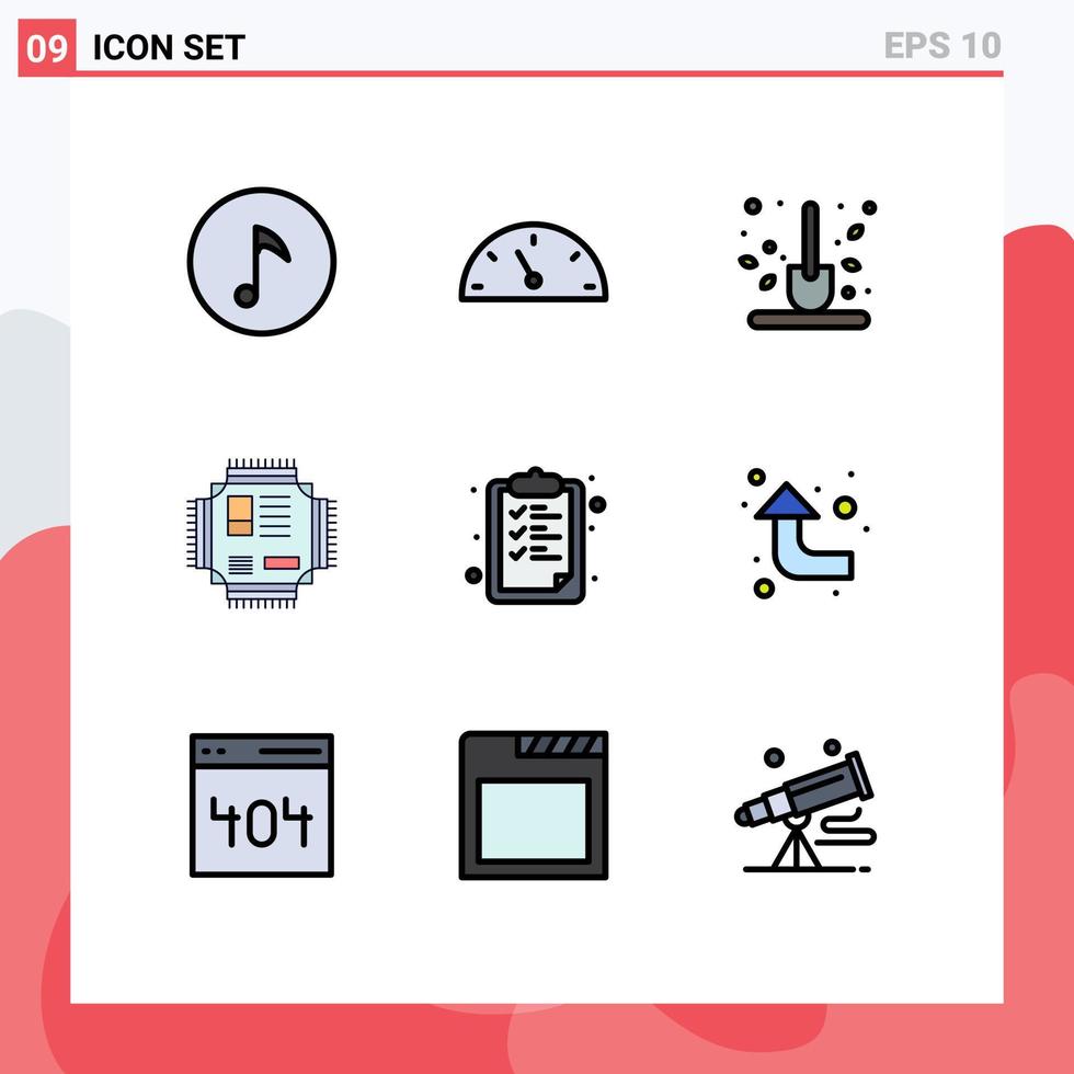 uppsättning av 9 kommersiell fylld linje platt färger packa för Urklipp teknologi trädgårdsarbete processor cpu redigerbar vektor design element