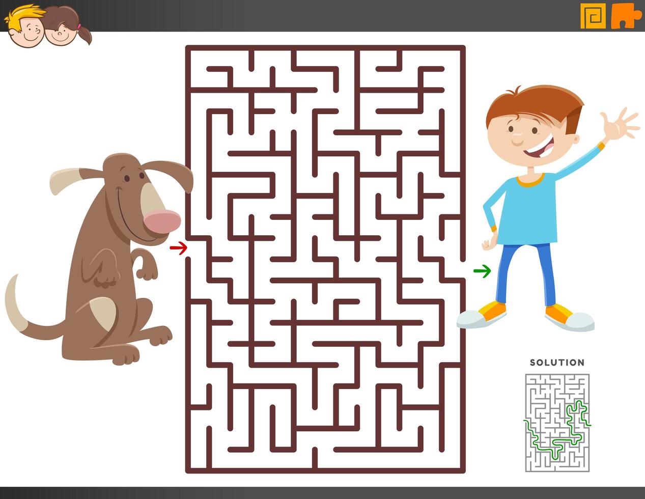 Labyrinthspiel mit Cartoonjunge und Hund vektor
