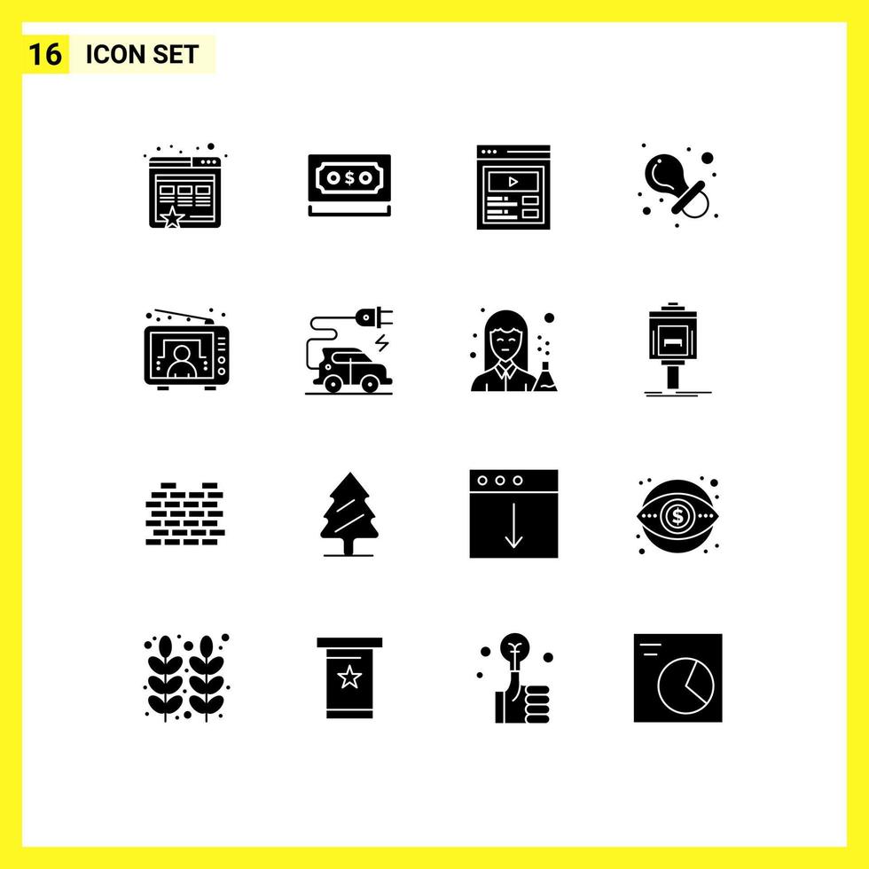 16 universelle solide Glyphenzeichen Symbole für benutzerdefinierte Inhalte von Fernsehnippeln Dummy-Spielzeug editierbare Vektordesign-Elemente vektor