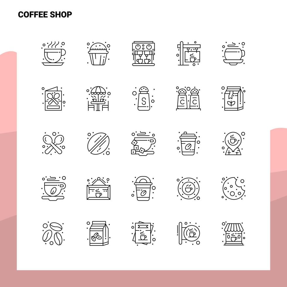 Set von Coffee-Shop-Liniensymbolen Set 25 Symbole Vektor-Minimalismus-Stildesign Schwarze Symbole setzen lineares Piktogrammpaket vektor