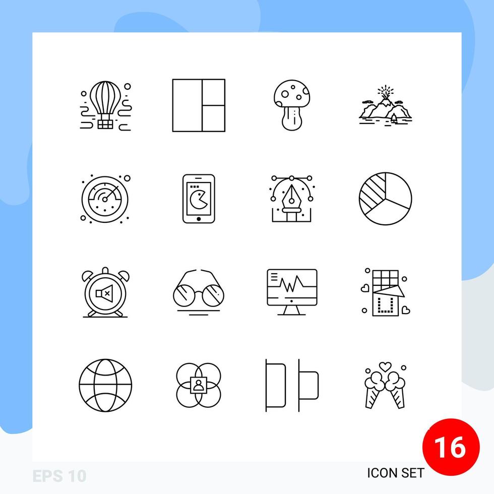 Gruppe von 16 umreißt Zeichen und Symbole für Stoppuhr Explosion Natur Berg Hügel editierbare Vektordesign-Elemente vektor