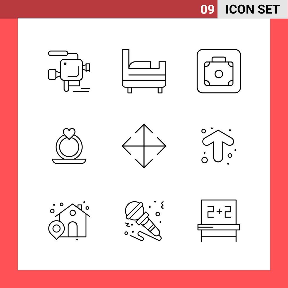 9 Icon Pack Line Style Umrisssymbole auf weißem Hintergrund einfache Zeichen für die allgemeine Gestaltung kreativer schwarzer Icon-Vektor-Hintergrund vektor
