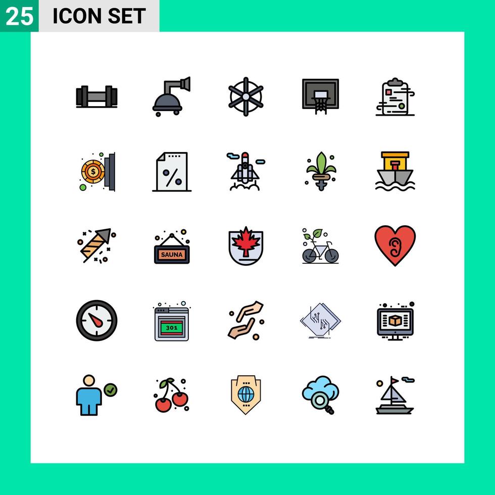 25 universelle, gefüllte Linien-Flachfarben für Web- und mobile Anwendungen, bearbeitbare Vektordesign-Elemente für Papierdokumentenrad-Zwischenablagen vektor