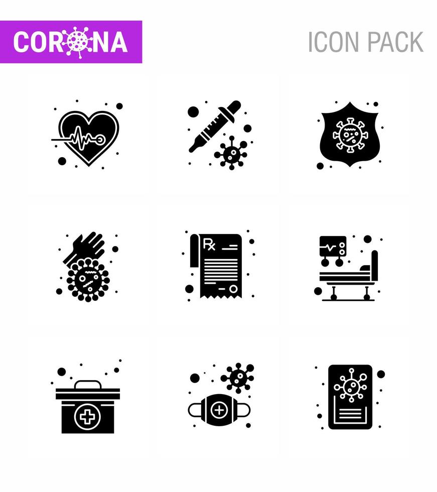 Corona-Virus-Krankheit 9 Solid Glyph Black Icon Pack saugt als verschreibungspflichtiger Virenschutz Covid-Bakterien virales Coronavirus 2019nov-Krankheitsvektor-Designelemente vektor