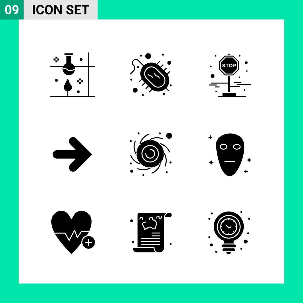 Packung mit 9 Solid Style Icon Set Glyphen-Symbolen für den Druck kreative Zeichen isoliert auf weißem Hintergrund 9 Icon Set kreativer schwarzer Icon-Vektor-Hintergrund vektor