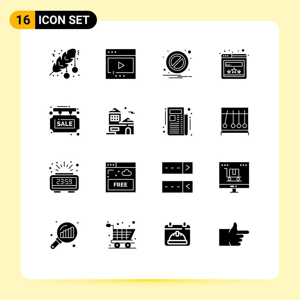 redigerbar vektor linje packa av 16 enkel fast glyfer av info styrelse hemsida multimedia betyg varning redigerbar vektor design element