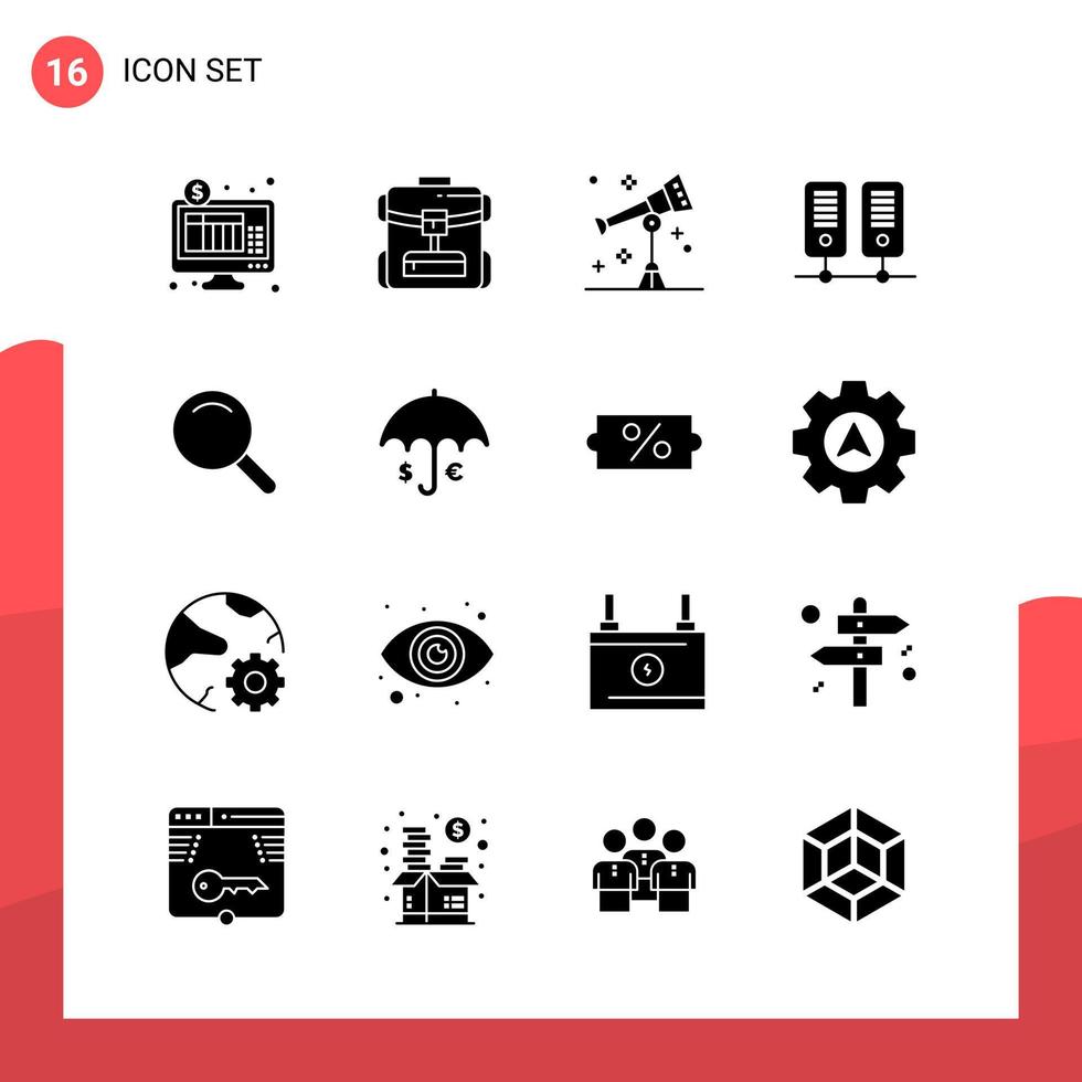 Packung mit 16 universellen Glyphen-Symbolen für Printmedien auf weißem Hintergrund kreativer schwarzer Symbolvektorhintergrund vektor
