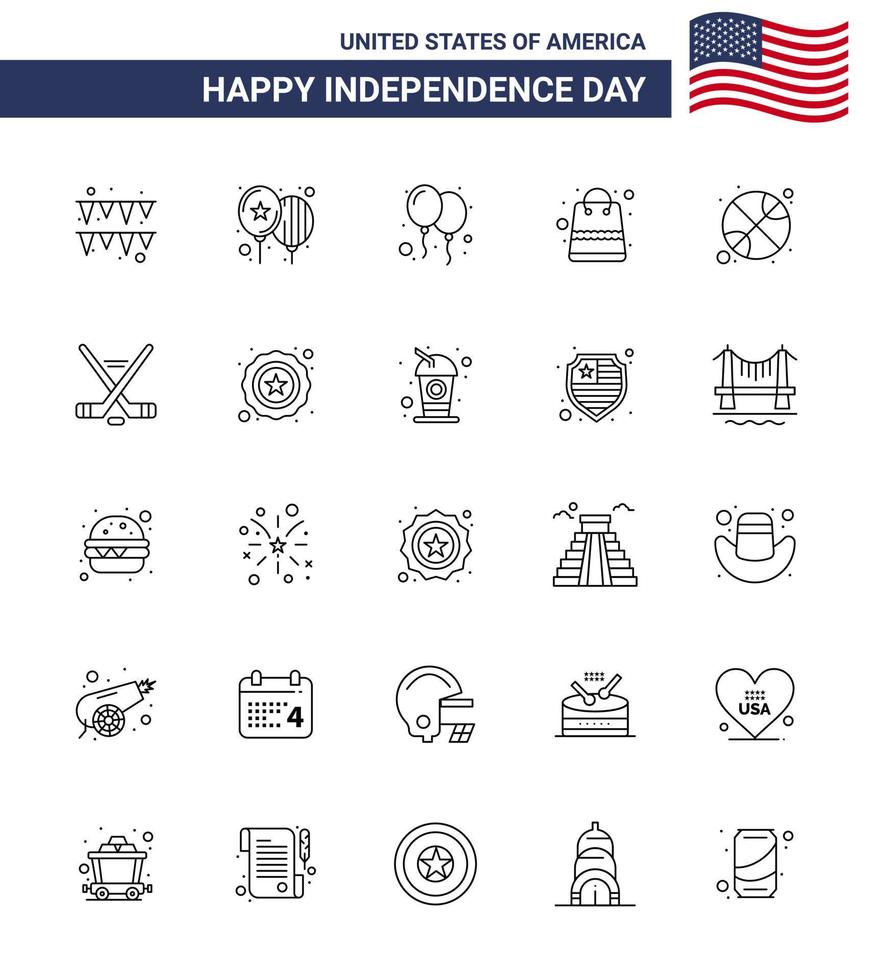 Lycklig oberoende dag 4:e juli uppsättning av 25 rader amerikan pictograph av sport hokey pengar dag boll redigerbar USA dag vektor design element