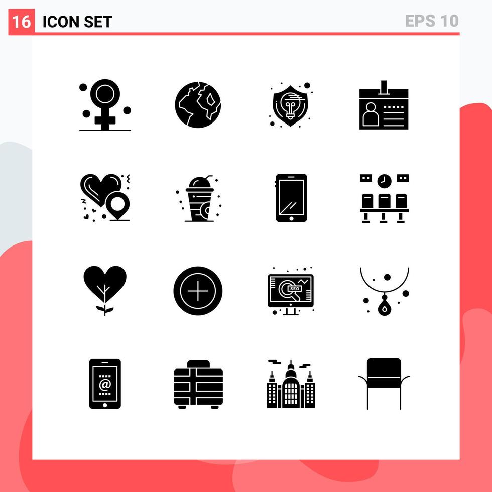 Mobile Schnittstelle solider Glyph-Satz von 16 Piktogrammen von bearbeitbaren Vektordesign-Elementen für Herz-Standort-ID-Designdokument-Abzeichen vektor