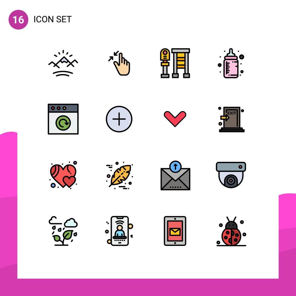 Benutzeroberflächenpaket mit 16 einfachen, flachen, farbgefüllten Linien von App-Nippel-Touch-Feeder-Stopp editierbaren kreativen Vektordesign-Elementen vektor