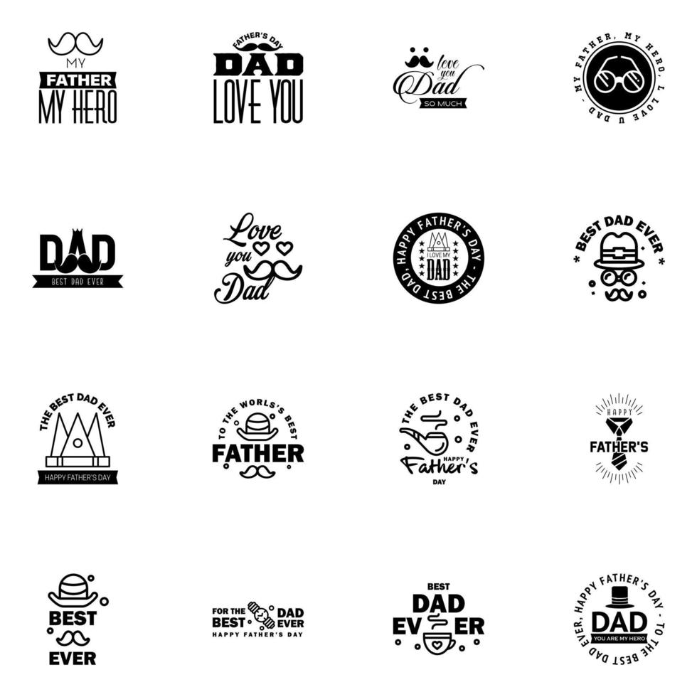 Lycklig fäder dag hälsning kort uppsättning 16 svart vektor typografi text användbar för banderoller skriva ut du är de bäst pappa text design redigerbar vektor design element
