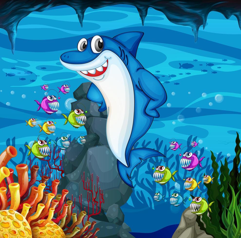 många hajar seriefigur i undervattensbakgrunden vektor