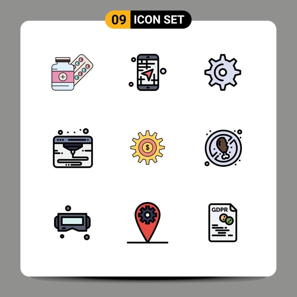 Stock Vector Icon Pack mit 9 Zeilenzeichen und Symbolen für die Internet-Spin-Bearbeitungselemente für die Zahnradbahn