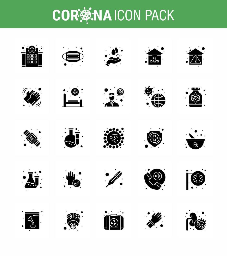 25 solides Glyphenvirus-Corona-Icon-Pack wie Sicherheitsereignis für die Quarantäne zu Hause, das virale Coronavirus 2019nov-Krankheitsvektor-Designelemente wäscht vektor