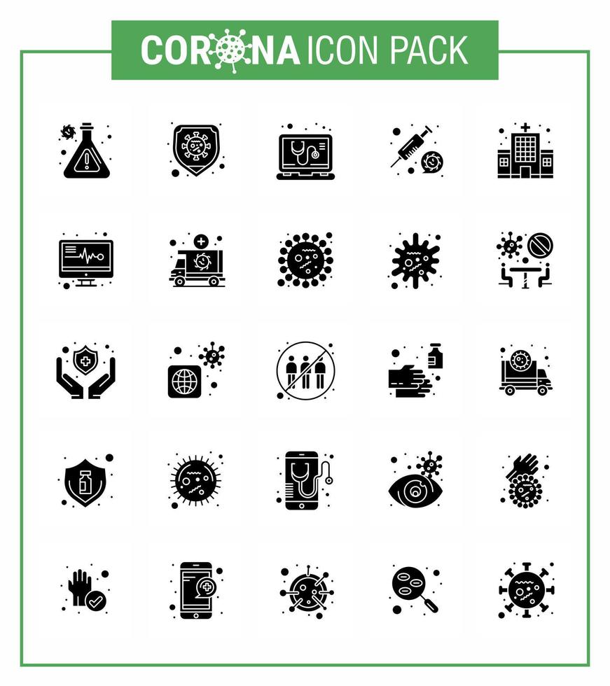 25 solides Glyphen-Coronavirus covid19-Icon-Pack wie klinisches Gesundheitswesen medizinischer Impfstoff Medizin virales Coronavirus 2019nov-Krankheitsvektor-Designelemente vektor