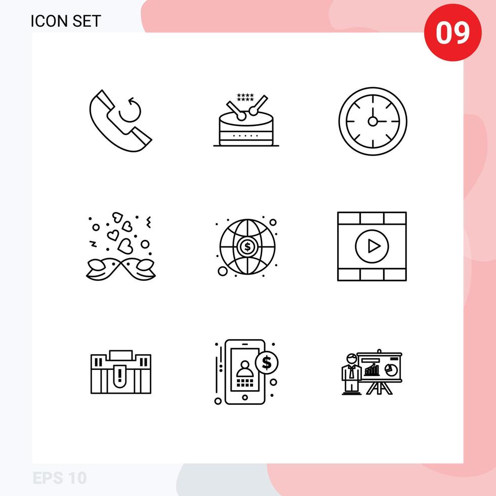 Stock Vector Icon Pack mit 9 Zeilenzeichen und Symbolen für Geld globale Uhr Liebespaar editierbare Vektordesign-Elemente