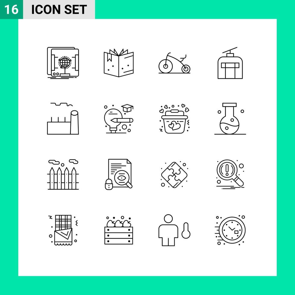 universelle Symbolsymbole Gruppe von 16 modernen Umrissen von Industrieanlagen-Siedeanlagen-Fahrradkesseln, die editierbare Vektordesign-Elemente reisen vektor