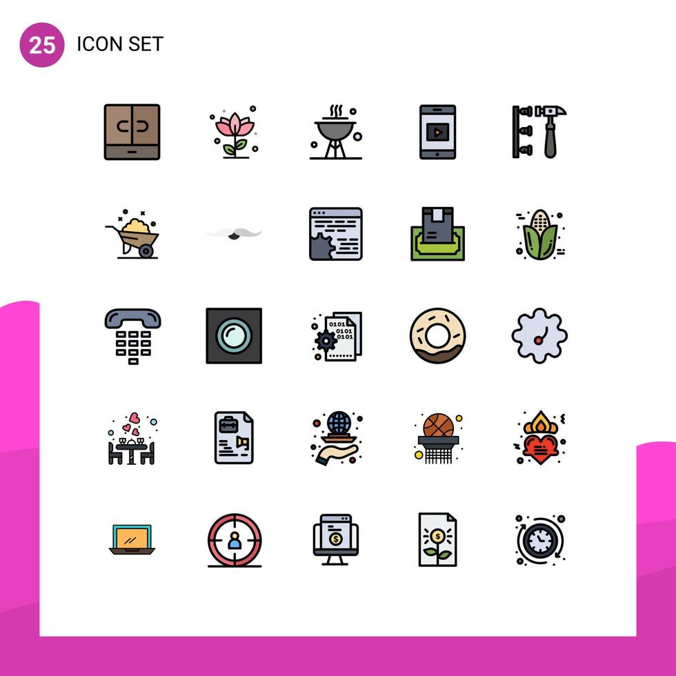 mobil gränssnitt fylld linje platt Färg uppsättning av 25 piktogram av Felaktig video reste sig cell middag redigerbar vektor design element