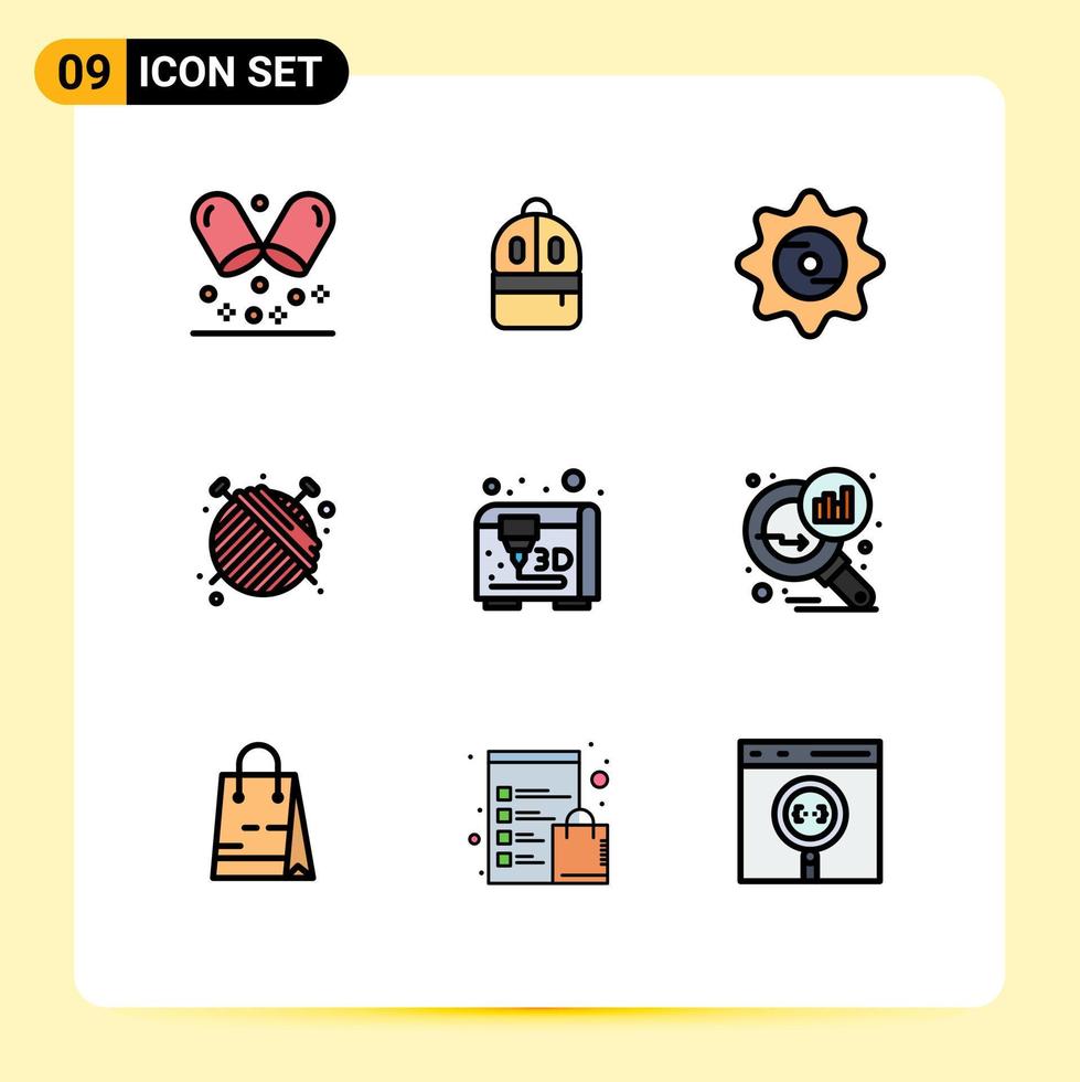 modern uppsättning av 9 fylld linje platt färger pictograph av data analyserar modellering keps garn sömmerska redigerbar vektor design element