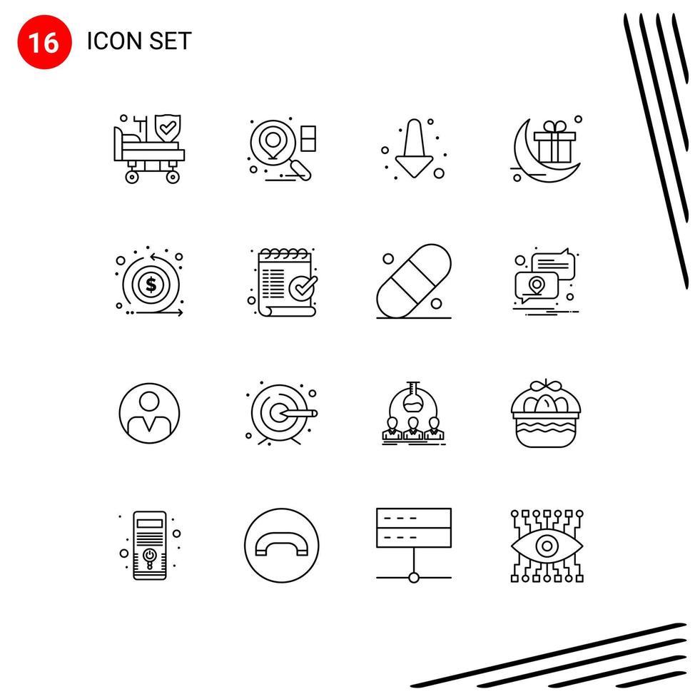 universelle Symbolsymbole Gruppe von 16 modernen Umrissen von editierbaren Vektordesign-Elementen für das Rückfluss-Down-Cash-Festival vektor