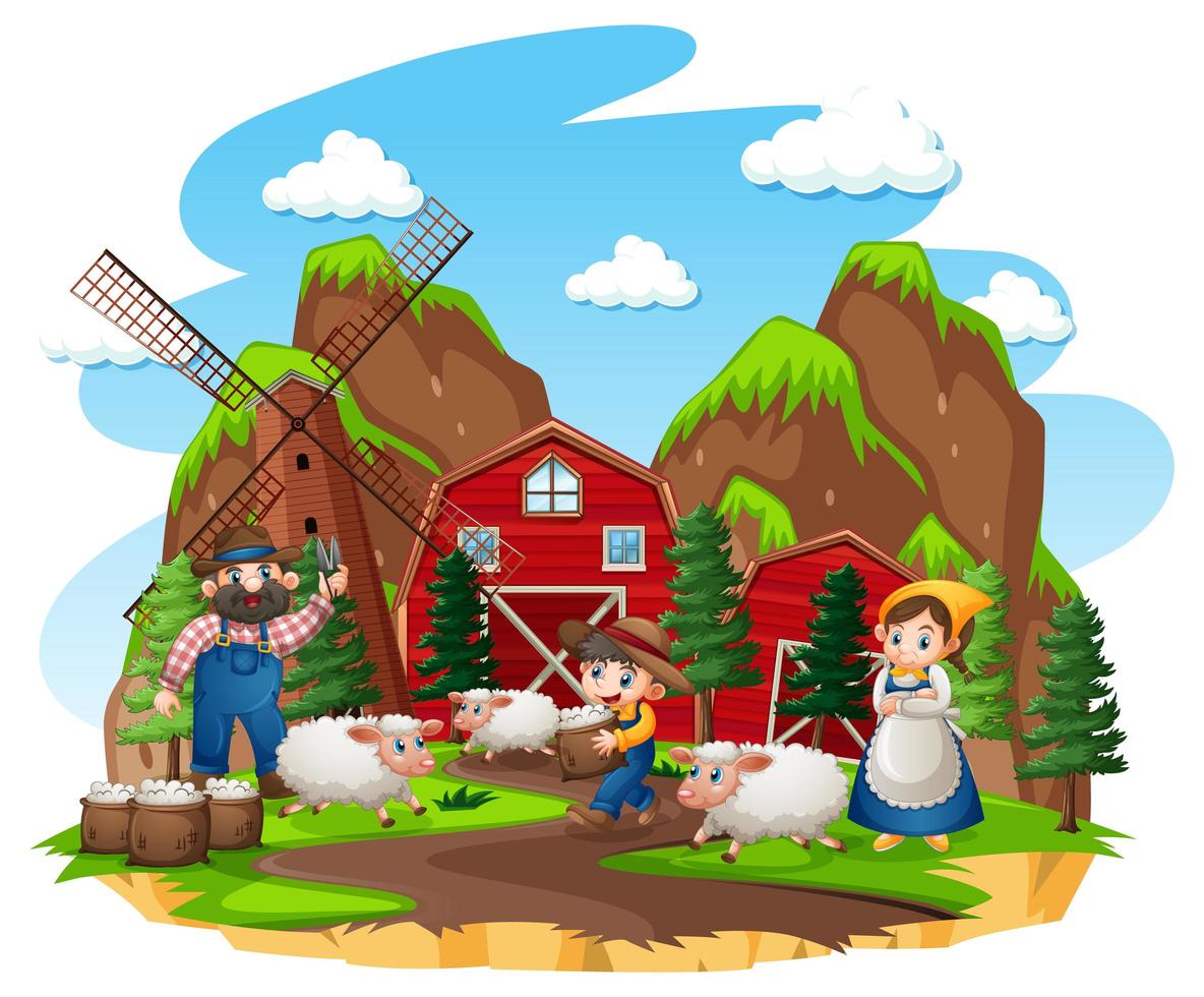 Bauernhof mit roter Scheune und Windmühle auf weißem Hintergrund vektor