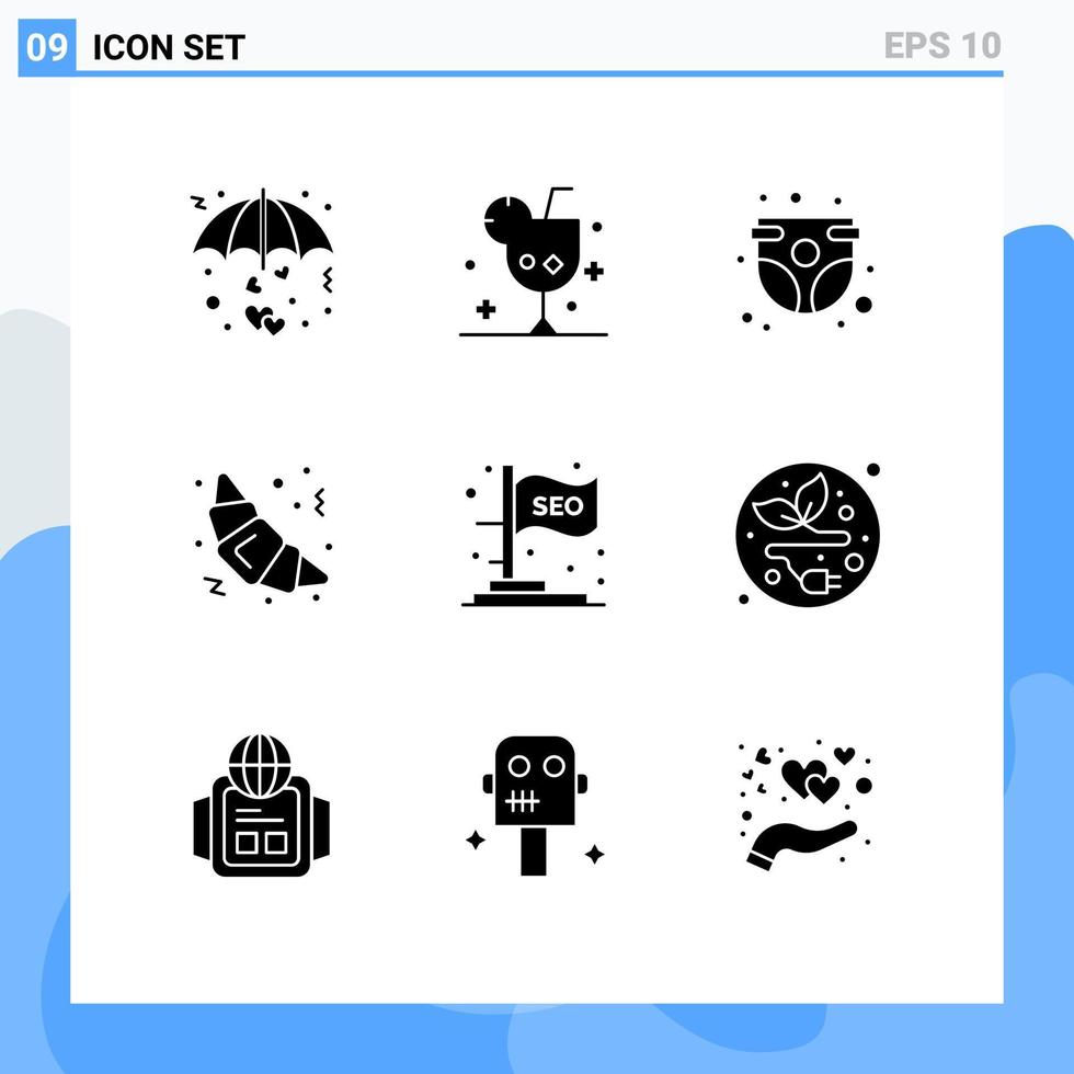 Gruppe von 9 soliden Glyphen Zeichen und Symbolen für Lebensmittel Croissant Glas Säuglingskind editierbare Vektordesign-Elemente vektor
