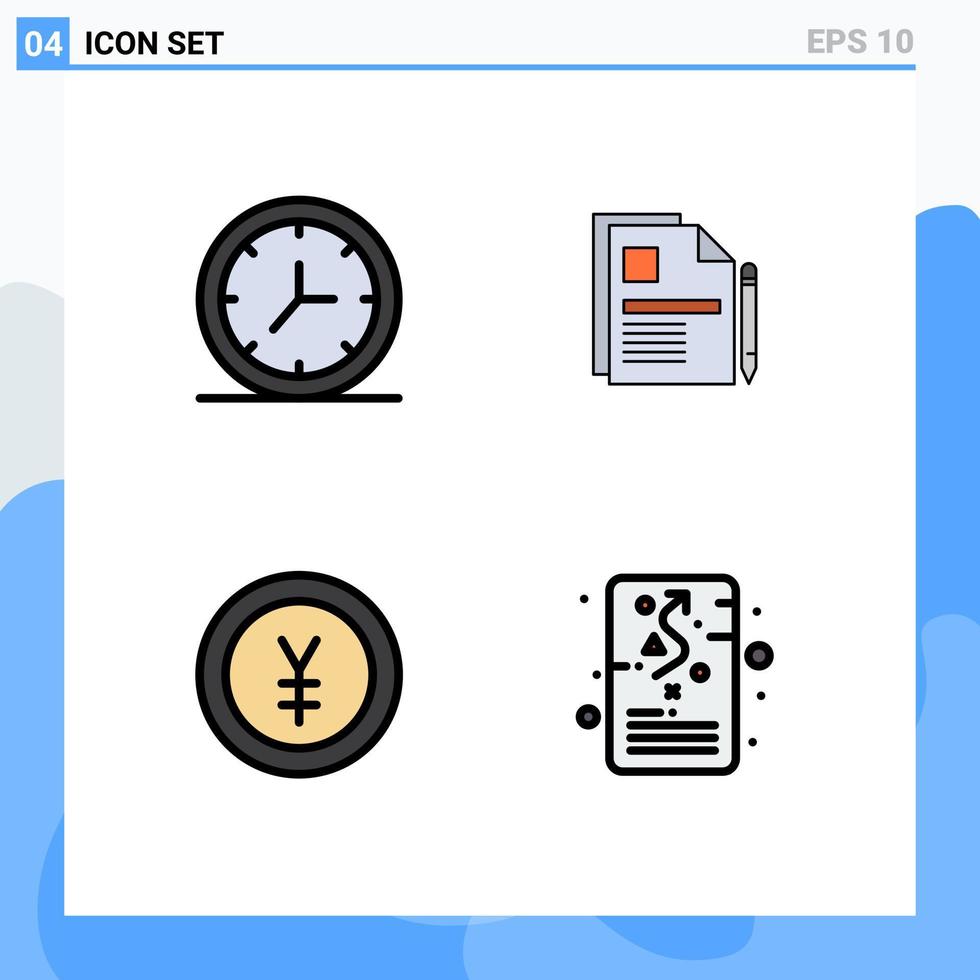 4 gefülltes flaches Farbkonzept für mobile Websites und Apps Uhr Finanzvertrag Rechtsdokument Yen editierbare Vektordesign-Elemente vektor