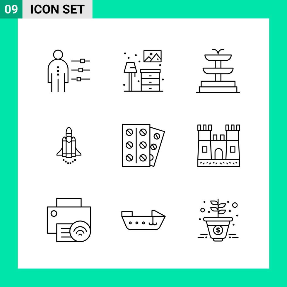 Packung mit 9 Linienstil-Icon-Set Umrisssymbolen für den Druck kreative Schilder isoliert auf weißem Hintergrund 9-Icon-Set kreativer schwarzer Icon-Vektor-Hintergrund vektor