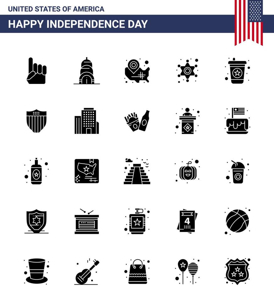 Happy Independence Day Pack mit 25 soliden Glyphenzeichen und Symbolen für Getränke Polizeizeichen Staaten Star Men editierbare Usa Day Vektordesign-Elemente vektor