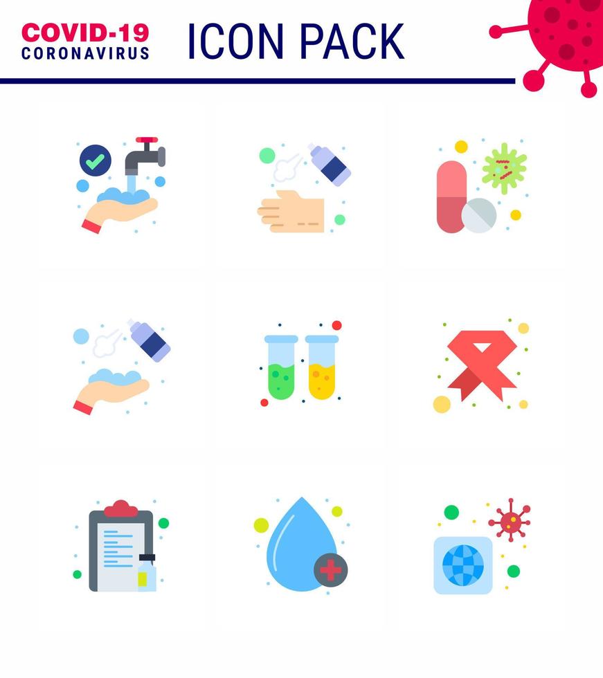 9 Flachfarben-Virus-Corona-Icon-Pack wie Hände sprühen Alkohol waschen Medizin medizinische virale Coronavirus 2019nov-Krankheitsvektor-Designelemente vektor