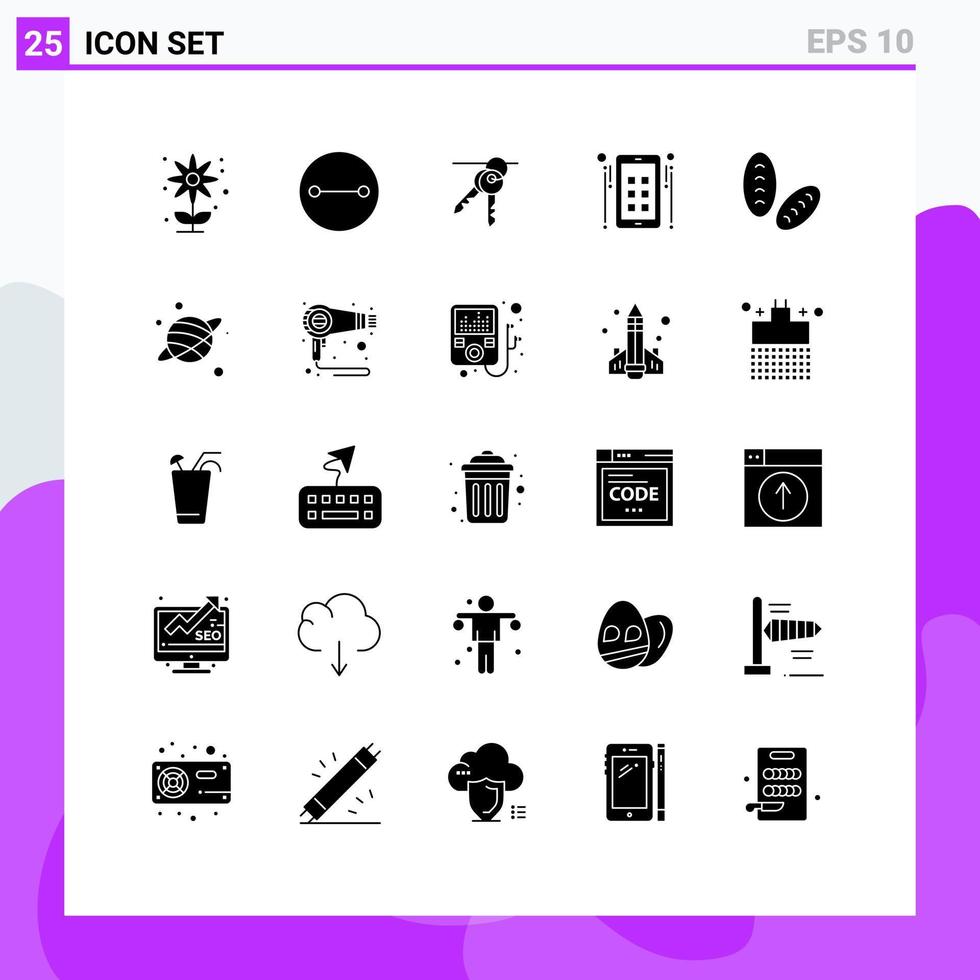 Gruppe von 25 modernen soliden Glyphen, die für Lebensmittel-Baguette-Schlüssel festgelegt sind, werben für Medien editierbare Vektordesign-Elemente vektor