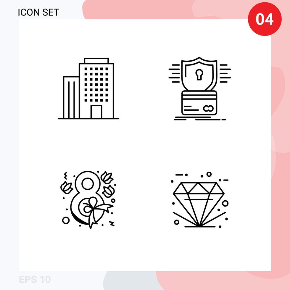Benutzerschnittstellenpaket mit 4 grundlegenden Filledline-Flachfarben des Gebäudes, Blume, Sicherheit, Hacking-Band, editierbare Vektordesign-Elemente vektor