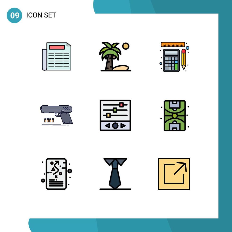 Piktogrammsatz von 9 einfachen gefüllten flachen Farben von Musikebenen Waffenwerkzeugen Shooter Pistole editierbare Vektordesign-Elemente vektor
