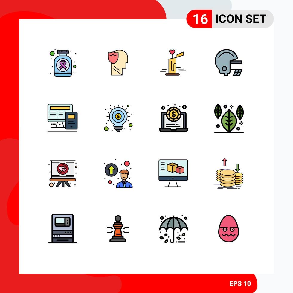 satz von 16 modernen ui-symbolen symbole zeichen für monitor helmdaten fußballherz editierbare kreative vektordesignelemente vektor